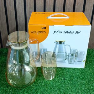 *_7 WATER SET WHITE COLOUR_* _BOROSILICATE GLASS HIGH QUALITY MATERIAL_ _6PCS GLASS / 1PCS STEEL CAP OF JUG_ _CAPACITY = 1700ml jug / 320ml glass_ Price 3700